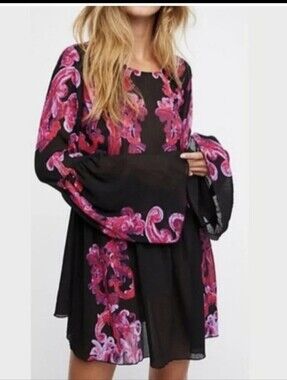 Intimately Free People Symphony Slip Dress Tunic Black Pink Floral M EUC
